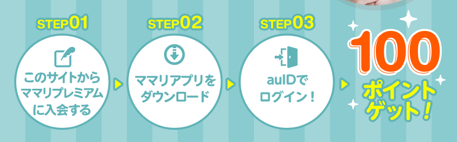 このサイトから入会する→ママリプレミアムをダウンロード→auIDでログイン！→100ポイントゲット！